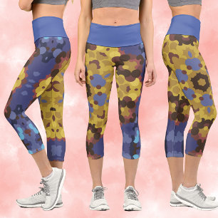 Retro Mandala Flower Yellow and Blue Capri Leggings