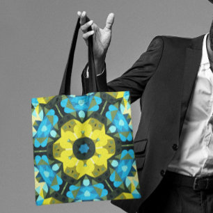 Retro Mandala Flower Yellow and Blue Tote Bag