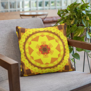 Retro Mandala Flower Yellow and Orange Cushion