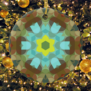Retro Mandala Flower Yellow Blue and Brown Ceramic Ornament
