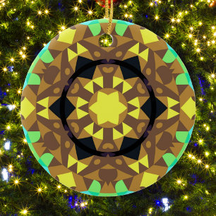 Retro Mandala Flower Yellow Blue and Green Ceramic Ornament
