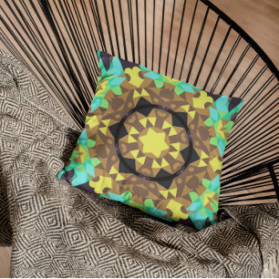 Retro Mandala Flower Yellow Blue and Green Cushion