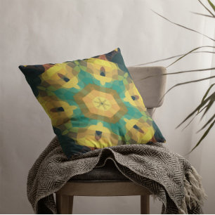 Retro Mandala Flower Yellow Blue and Green Cushion