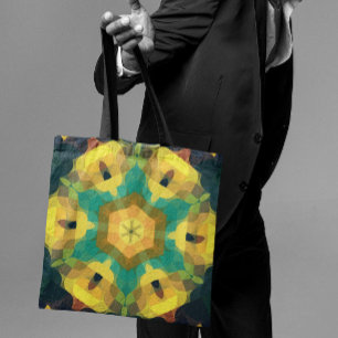 Retro Mandala Flower Yellow Blue and Green Tote Bag