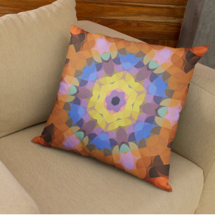 Retro Mandala Flower Yellow Blue and Orange Cushion