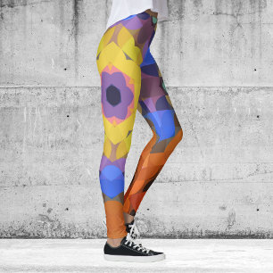 Retro Mandala Flower Yellow Blue and Orange Leggings