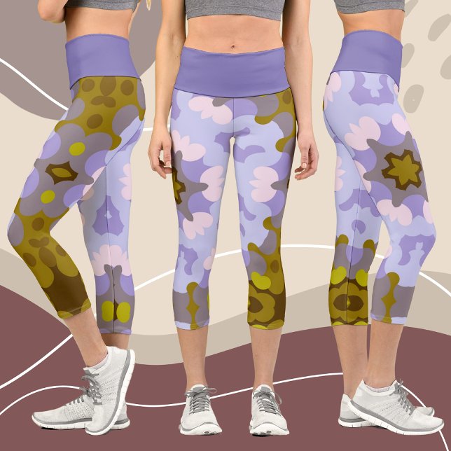 Retro Mandala Flower Yellow Blue and Purple Capri Leggings (Creator Uploaded)