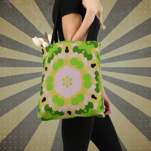 Retro Mandala Flower Yellow Green and White Tote Bag