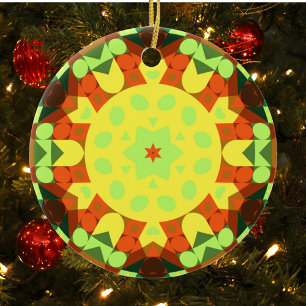 Retro Mandala Flower Yellow Orange and Green Ceramic Ornament