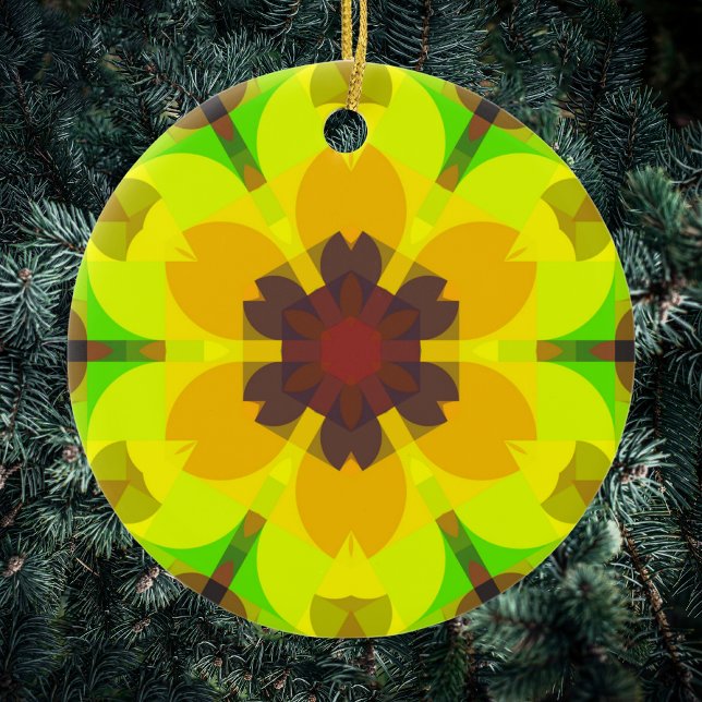 Retro Mandala Flower Yellow Orange and Green Ceramic Ornament (Creator Uploaded)