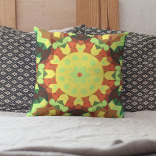 Retro Mandala Flower Yellow Orange and Green Cushion