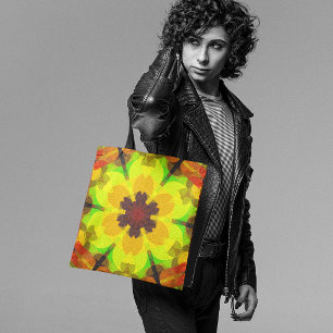 Retro Mandala Flower Yellow Orange and Green Tote Bag
