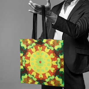 Retro Mandala Flower Yellow Orange and Green Tote Bag