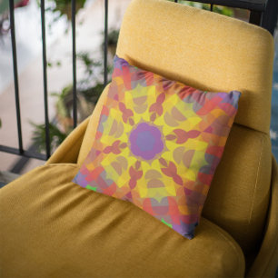 Retro Mandala Flower Yellow Orange and Purple Cushion