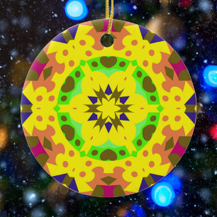Retro Mandala Flower Yellow Orange Green and Pink Ceramic Ornament