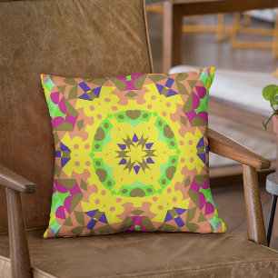 Retro Mandala Flower Yellow Orange Green and Pink Cushion