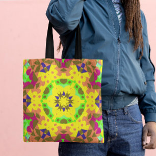 Retro Mandala Flower Yellow Orange Green and Pink Tote Bag