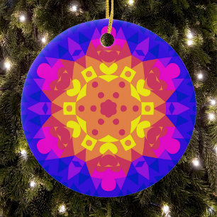 Retro Mandala Flower Yellow Pink and Blue Ceramic Ornament