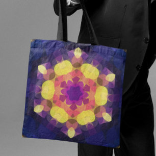 Retro Mandala Flower Yellow Pink and Purple Tote Bag