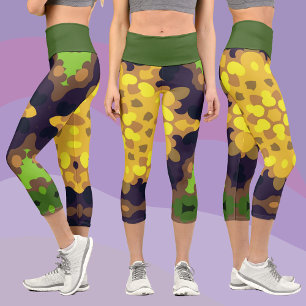 Retro Mandala Flower Yellow Purple and Green Capri Leggings