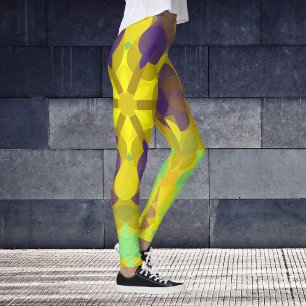 Retro Mandala Flower Yellow Purple and Green Leggings