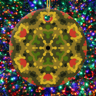 Retro Mandala Flower Yellow Red and Green Ceramic Ornament