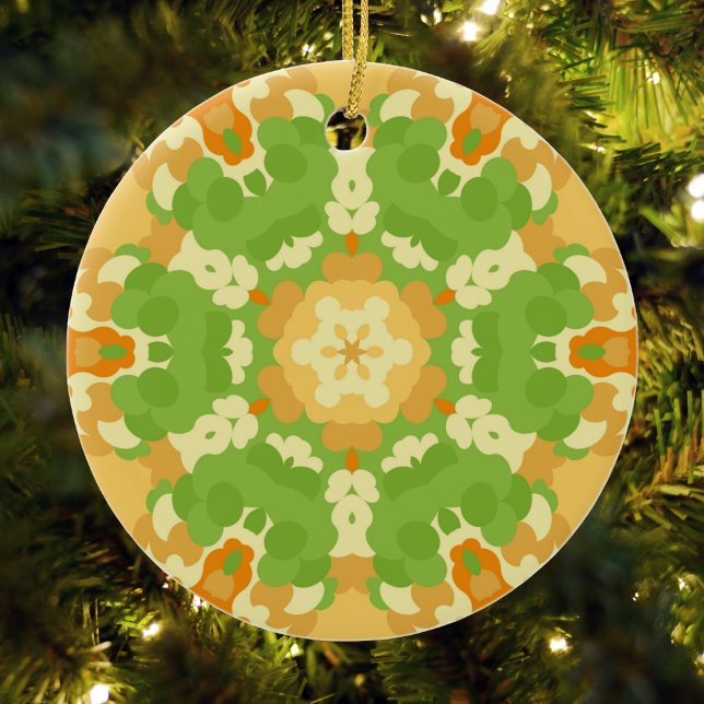 Retro Mandala Green and Orange Ceramic Ornament (Green and Orange Retro Mandala Ornament by Wormhole Orbital)