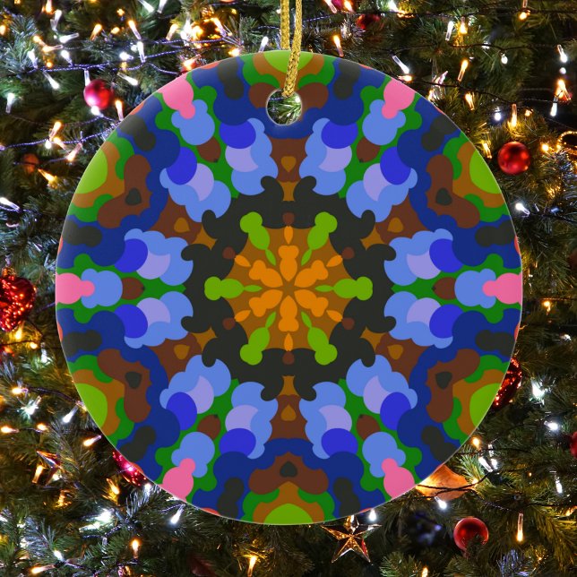 Retro Mandala Green Blue and Pink Ceramic Ornament (Green Blue and Pink Retro Mandala Ornament by Wormhole Orbital)