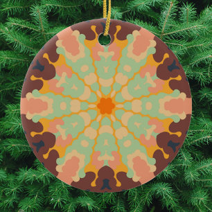 Retro Mandala Green Orange and Yellow Ceramic Ornament