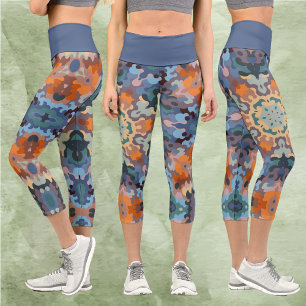 Retro Mandala Orange Blue and Yellow Capri Leggings