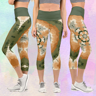 Retro Mandala Orange Green and White Capri Leggings