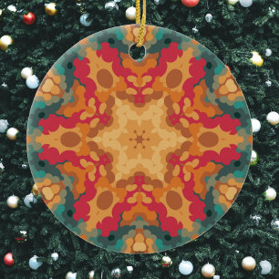 Retro Mandala Orange Yellow and Blue Ceramic Ornament