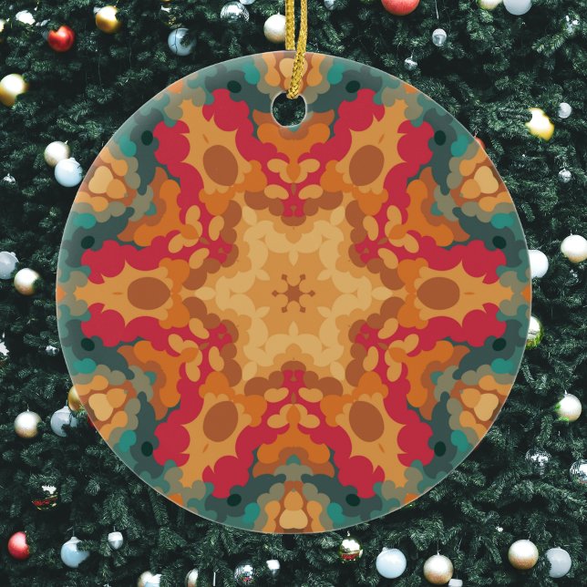 Retro Mandala Orange Yellow and Blue Ceramic Ornament (Red Orange and Blue Retro Mandala Christmas Ornament from Wormhole Orbital)