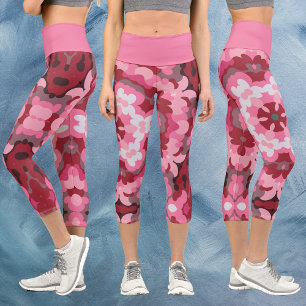 Retro Mandala Pink Red and White Capri Leggings