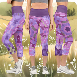 Retro Mandala Purple Pink and Blue Capri Leggings