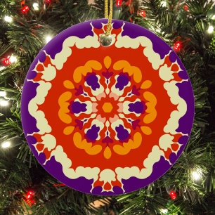 Retro Mandala Purple Red and Orange Ceramic Ornament