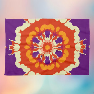 Retro Mandala Purple Red and Orange Tea Towel