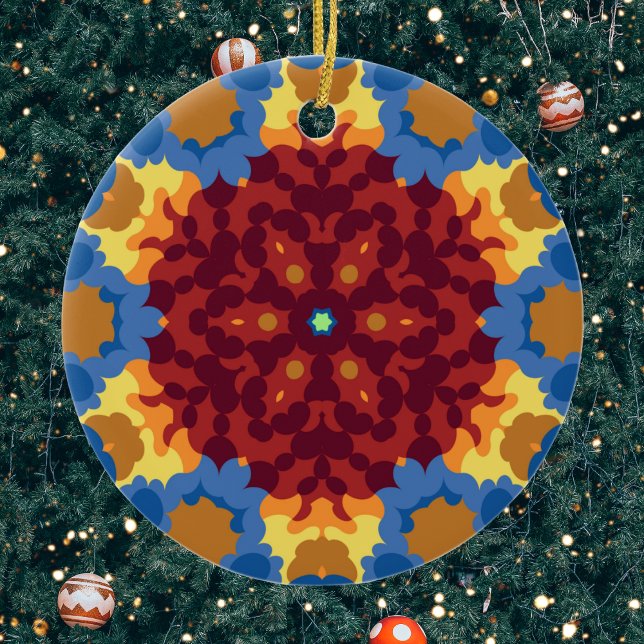Retro Mandala Red Blue and Yellow Ceramic Ornament (Red Blue and Yellow Retro Mandala Ornament by Wormhole Orbital)