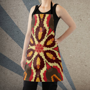 Retro Mandala Red Orange and Brown Apron