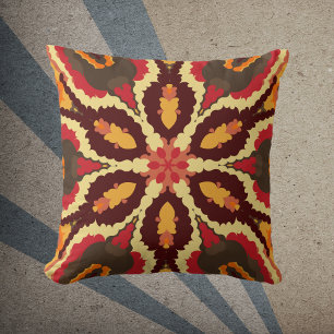 Retro Mandala Red Orange and Brown Cushion