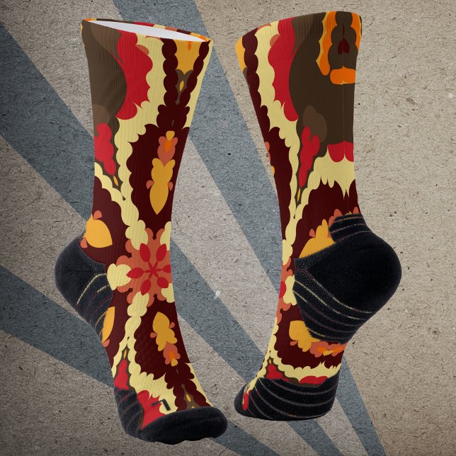 Retro Mandala Red Orange and Brown Socks (Creator Uploaded)