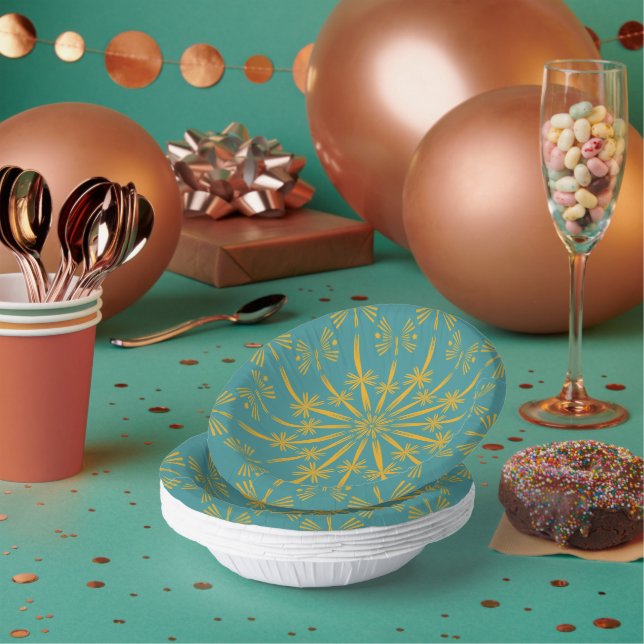 Retro Mandala Teal Paper Bowls Plate (Multi)