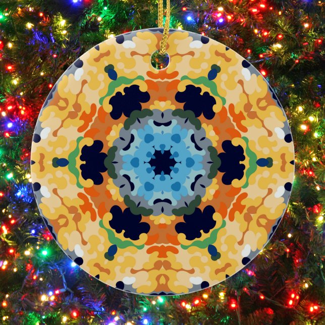 Retro Mandala Yellow Blue and Orange Ceramic Ornament (Yellow Blue and Orange Retro Mandala Ornament by Wormhole Orbital)