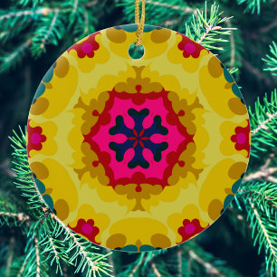 Retro Mandala Yellow Blue and Pink Ceramic Ornament