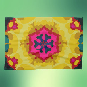 Retro Mandala Yellow Blue and Pink Tea Towel