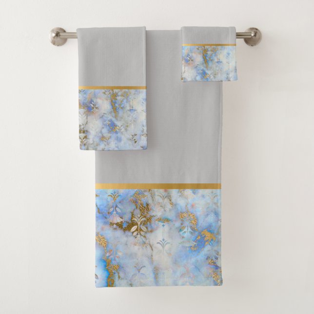 RETRO MARBLE ABSTRACT BLUE GREY BATHROOM TOWEL SET (Insitu)