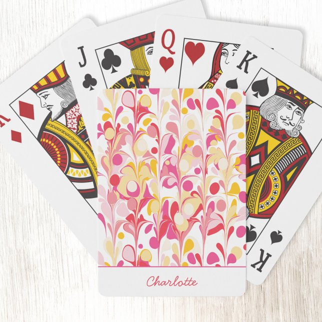 Retro Marble Abstract Pattern Pink Personalised Playing Cards (Retro marble pink orange and yellow pattern personalized name playing cards)