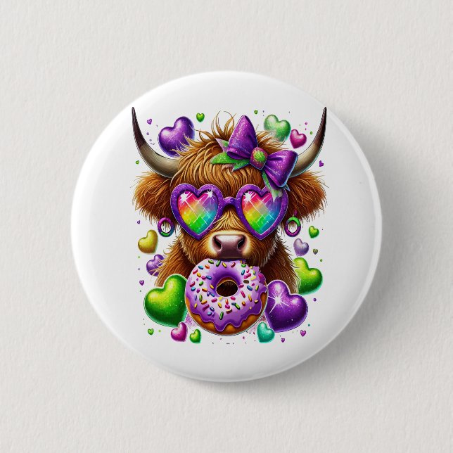 Retro Mardi Gras , Highland Cow 6 Cm Round Badge (Front)
