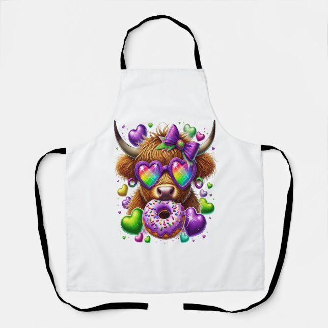 Retro Mardi Gras , Highland Cow Apron (Front)