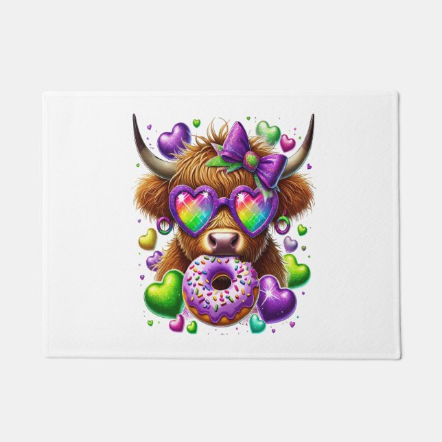 Retro Mardi Gras , Highland Cow Doormat (Front)